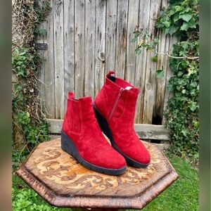 Women’s Red Suede Wedge Ankle Booties with Side Zip